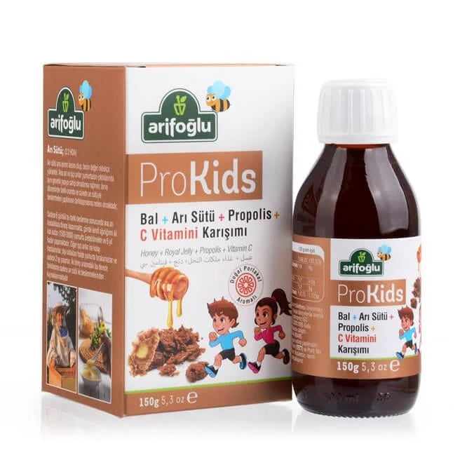 Çocuklar için organik propolisEkstresi (su bazlı) + organik arı sütü + C vitamini karışımı.  (Prokids Ballı Arı Sütlü C Vitaminli Propolis Karışımı).